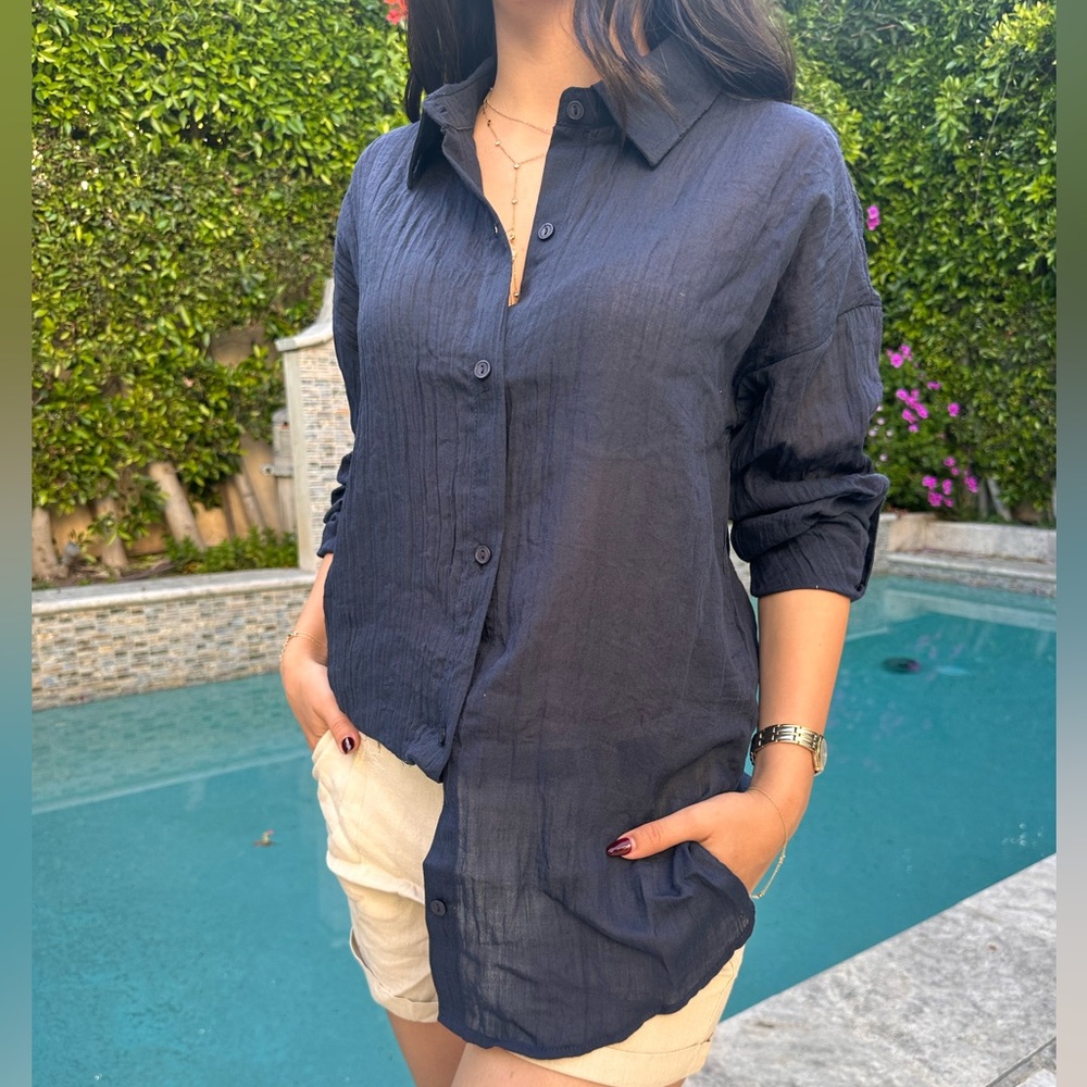 Navy linen button down shirt